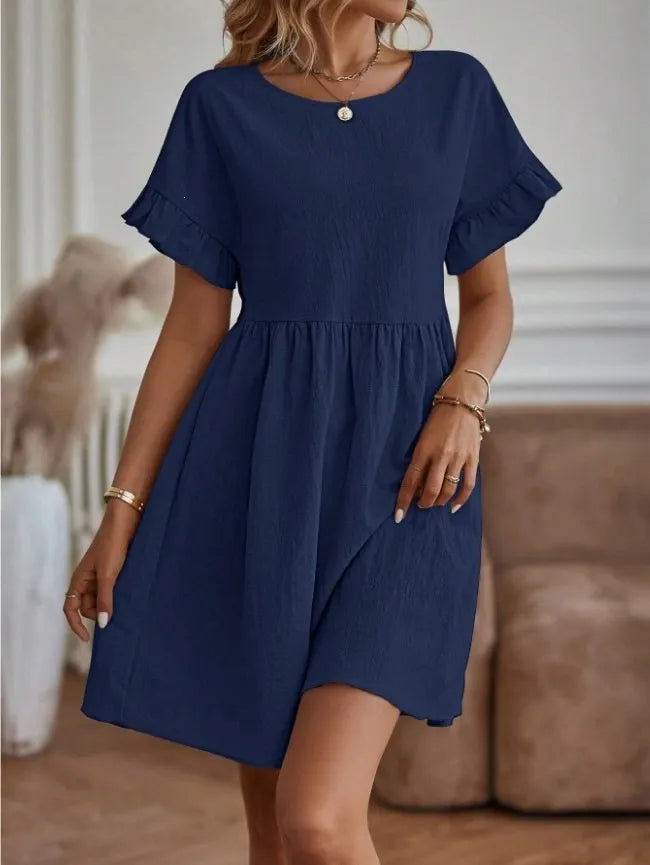 Crew Neck Ruffle Short Sleeve Mid Waist Loose A-Line Cotton Linen Mini Dress