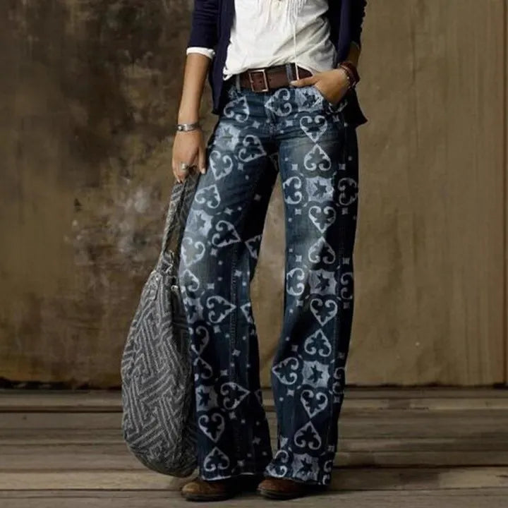 Mid Waist Printed Loose Straight Long Jeans