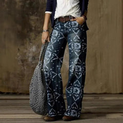 Mid Waist Printed Loose Straight Long Jeans