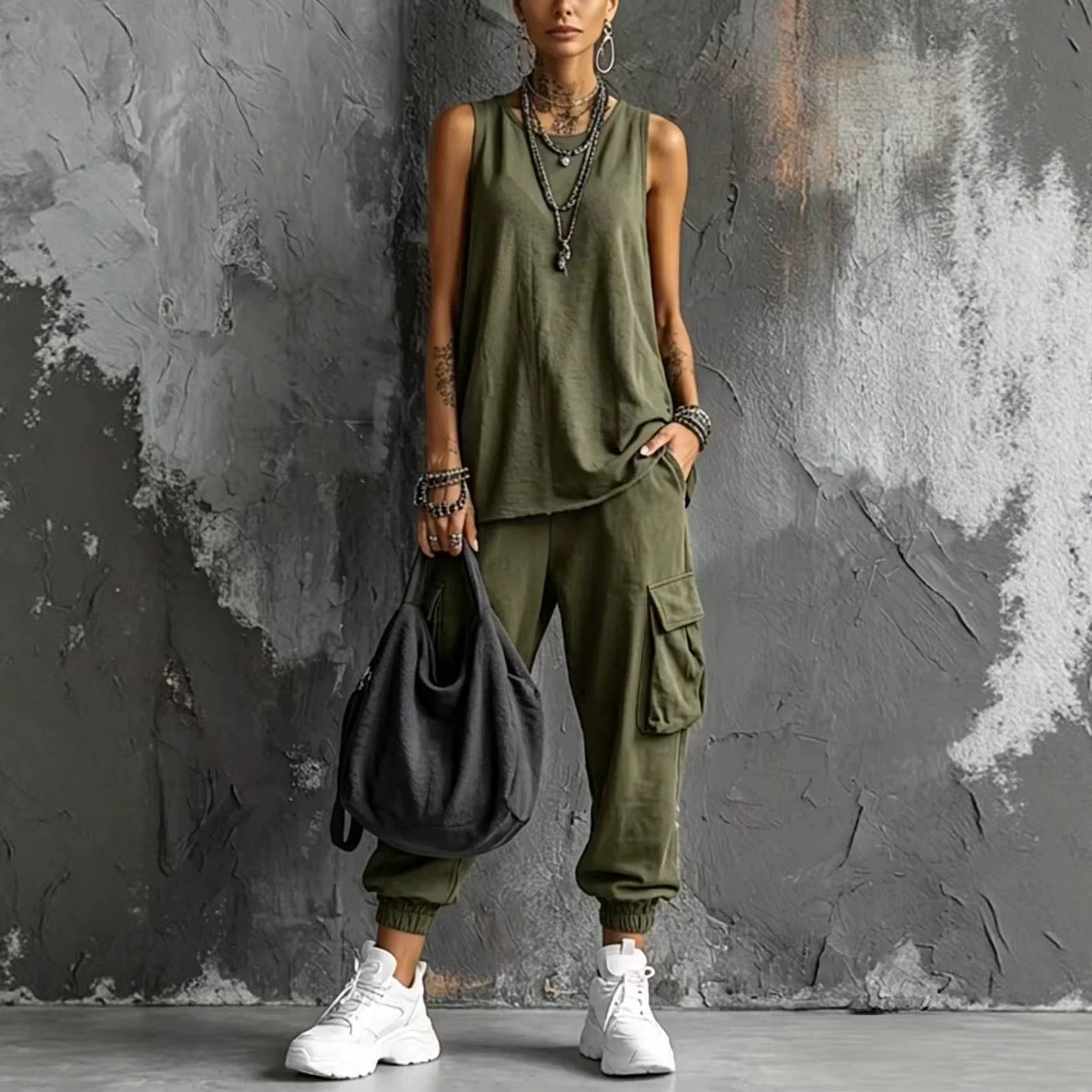Dark Gray Sleeveless Tank & Cargo Pants Set