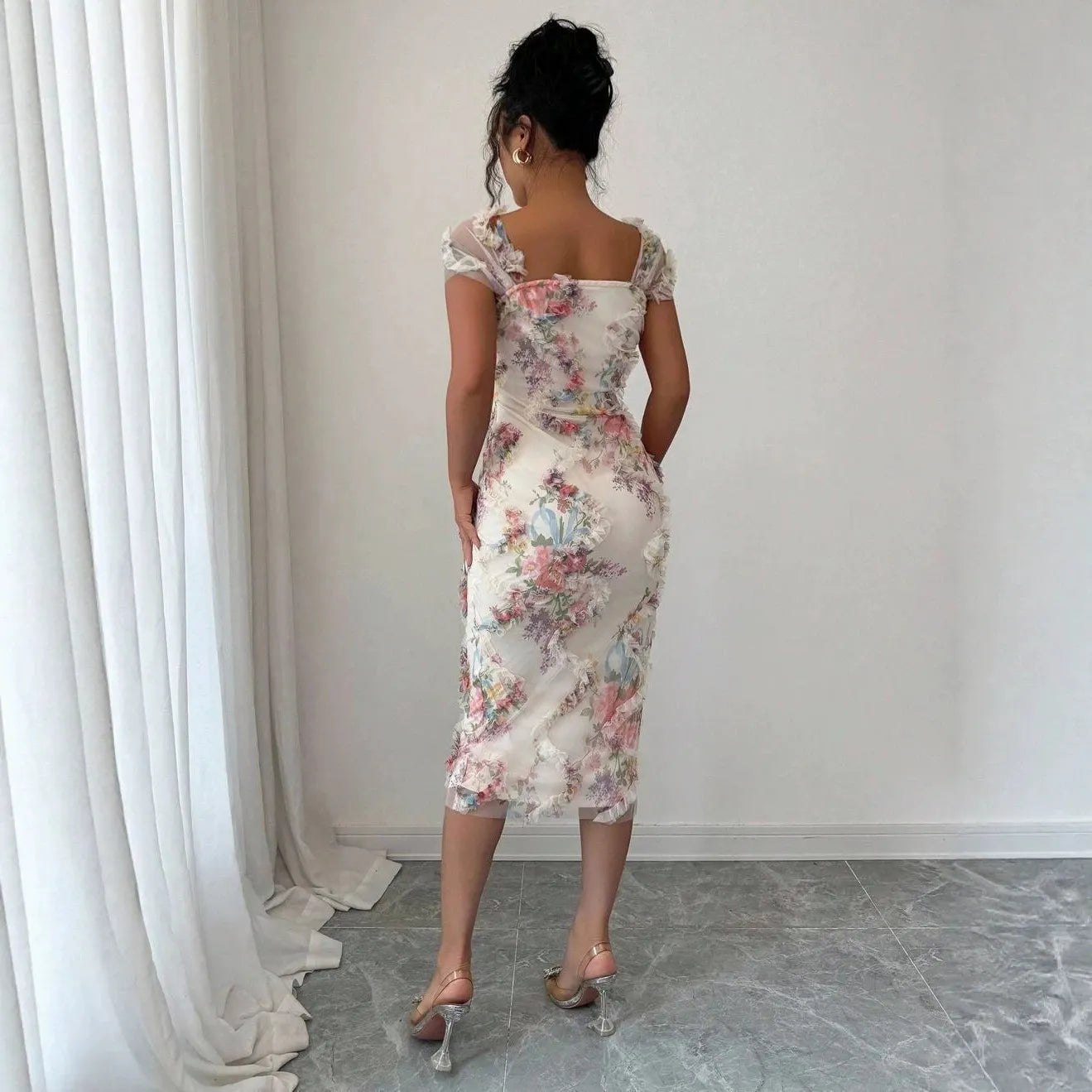 Square Neck Mesh Short Sleeve Floral Print Slim Midi Dress