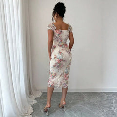Square Neck Mesh Short Sleeve Floral Print Slim Midi Dress