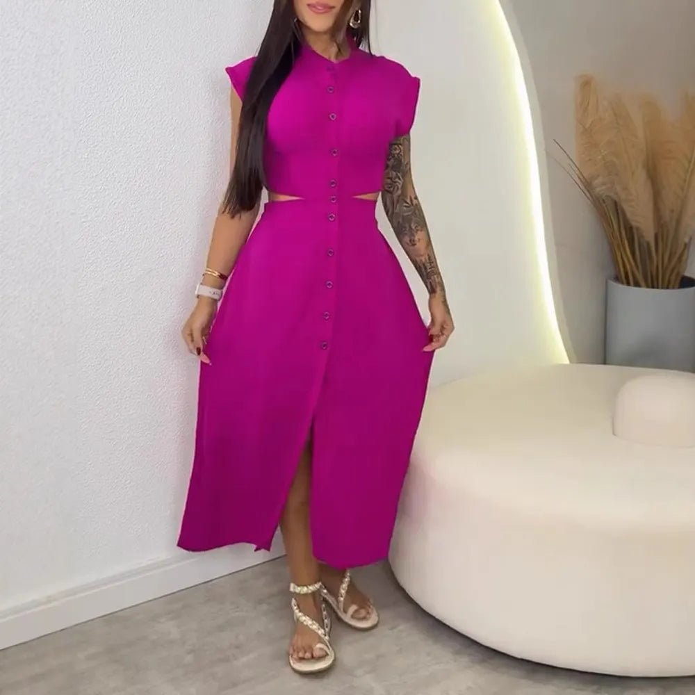 Apricot Stand Collar Cutout Button Midi Dress