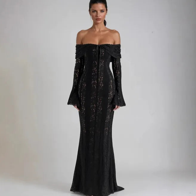 Lace Off-the-Shoulder Maxi Dress, Bell Sleeve Mermaid Formal Gown