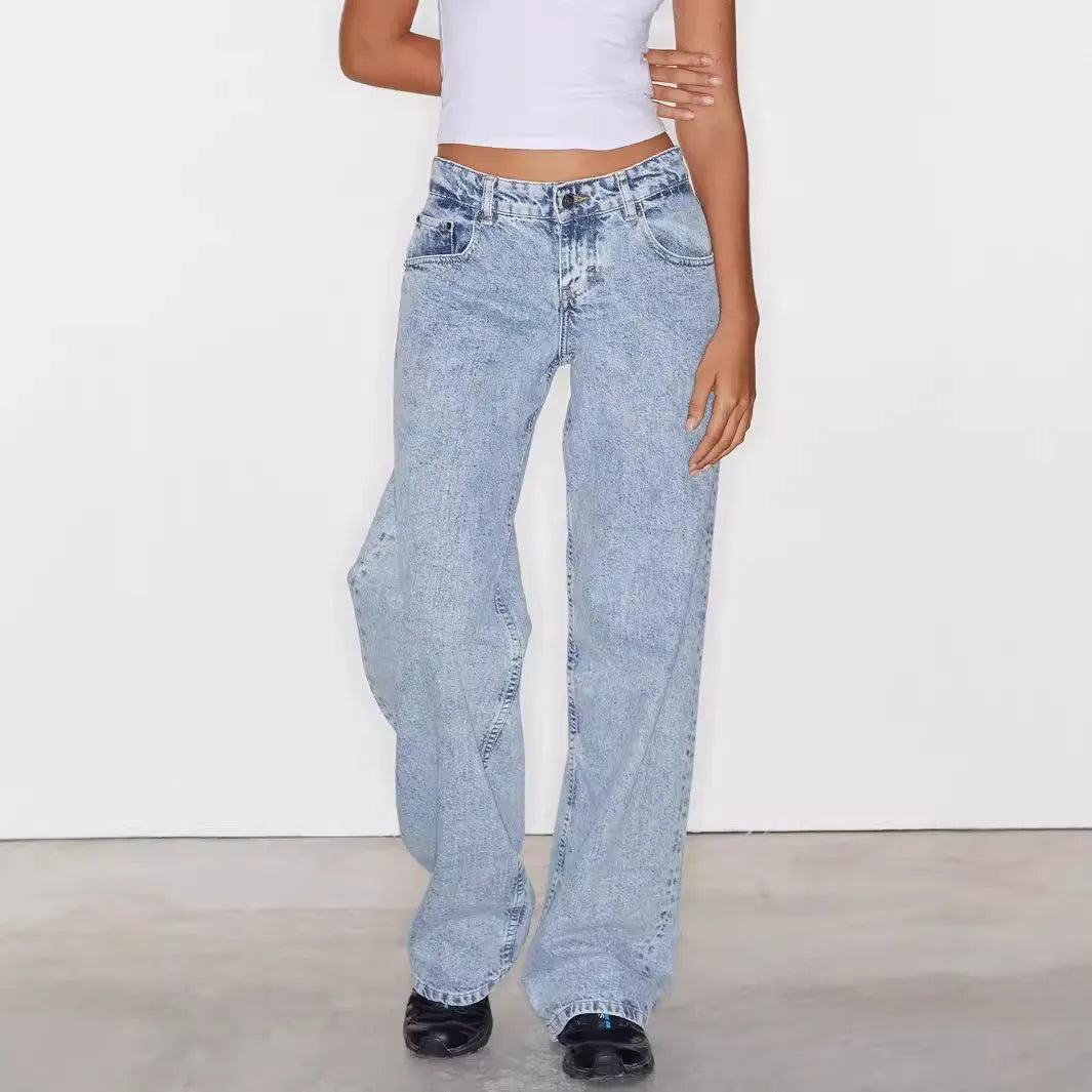 Vintage Wash Low Rise Wide Leg Denim Jeans