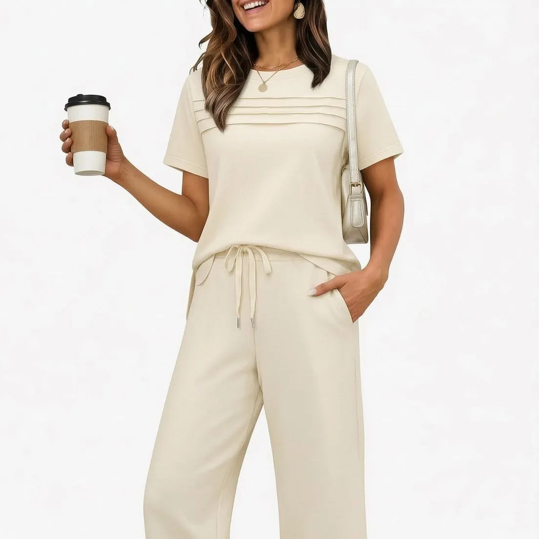 Solid Color Pleated Round Neck Short Sleeve Drawstring Nine-Point Pant Casua