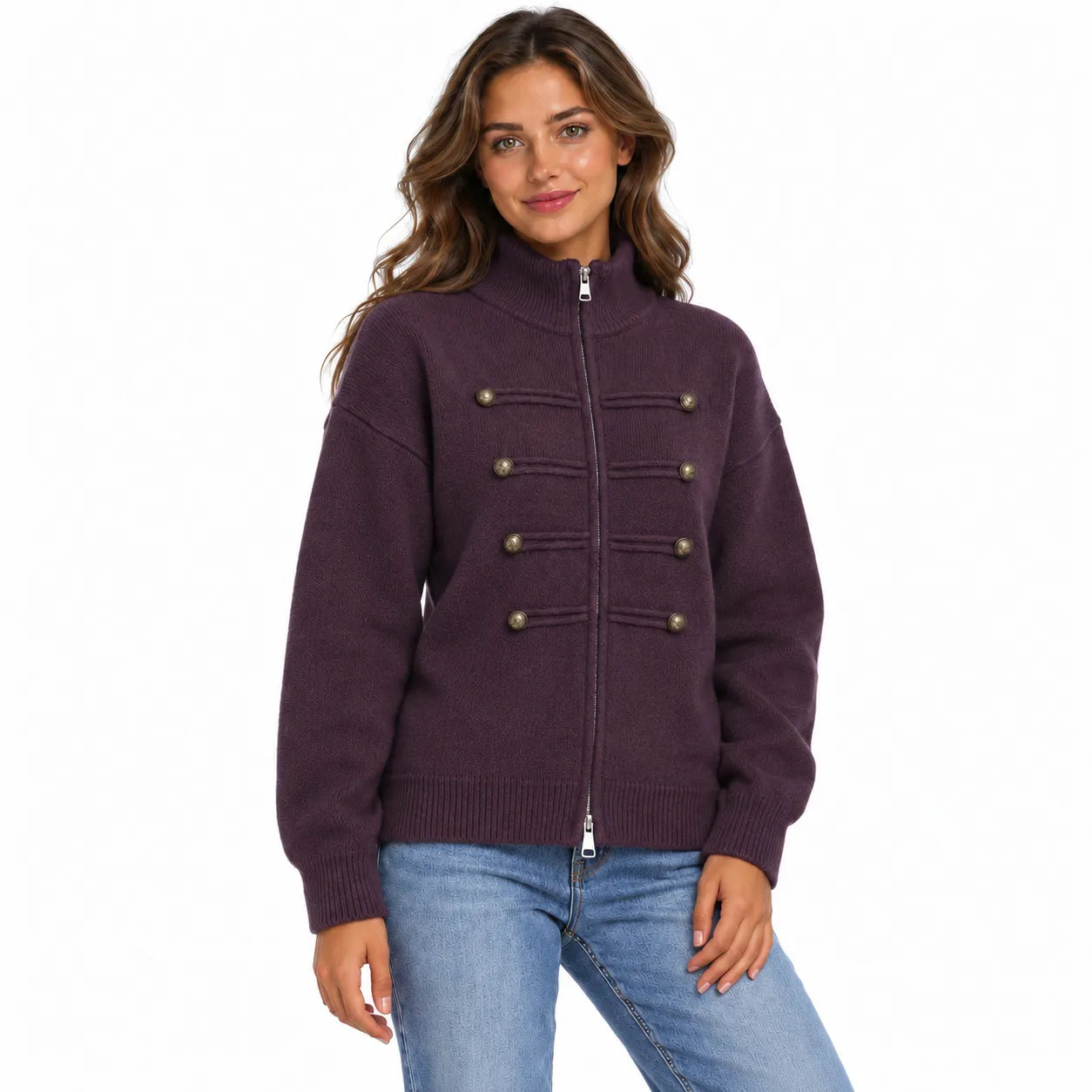 Stand Collar Zip Up Knit Cardigan, Double Breasted Decorative Button Sweater Jacket