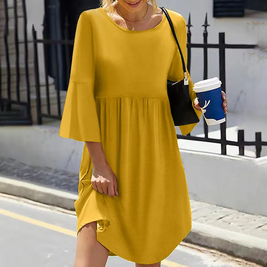 Crew Neck Flared 3/4 Sleeve Loose Tiered Irregular Hem Solid Midi Dress