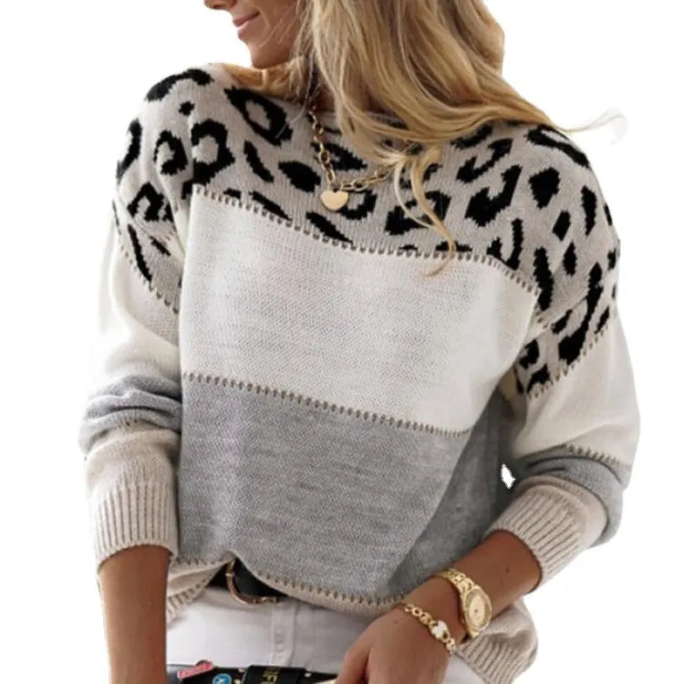 Grey White Pink Leopard Spliced Knit Top, Ladies Crewneck Color Block Casual Sweater