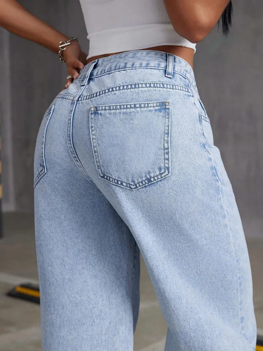 High Waist Casual Distressed Denim Pants