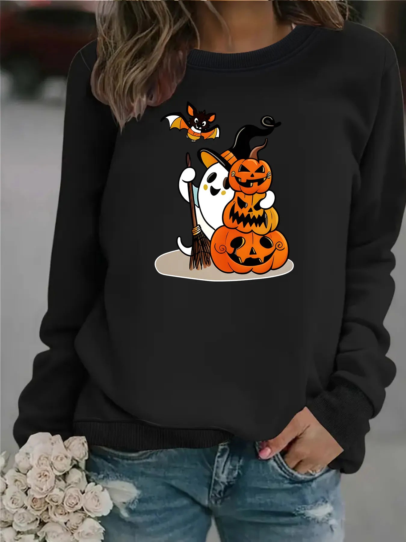 Halloween Ghost Pumpkin Bat Graphic Sweatshirt