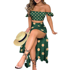 Off Shoulder Ruffle Crop Top & Floral Print High Slit Maxi Skirt 2 Piece Outfit Set