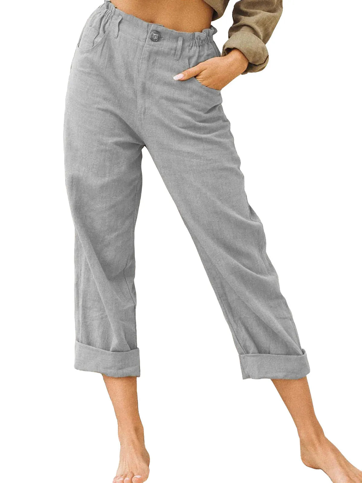 Linen Blend Rolled Cuff Cropped Pants