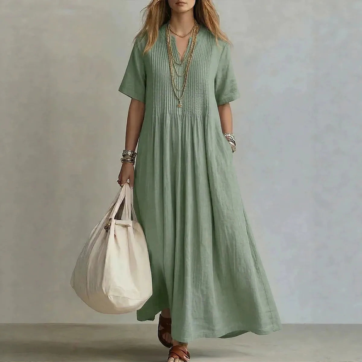 V‑Neck Short Sleeve Cotton Linen Loose Maxi Dress
