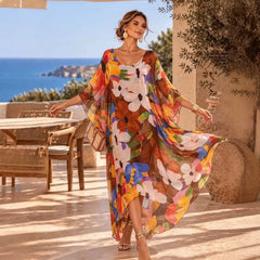 Colorful Floral Print Kaftan Maxi Dress, V-Neck Flowy Batwing Sleeve Beach Dress