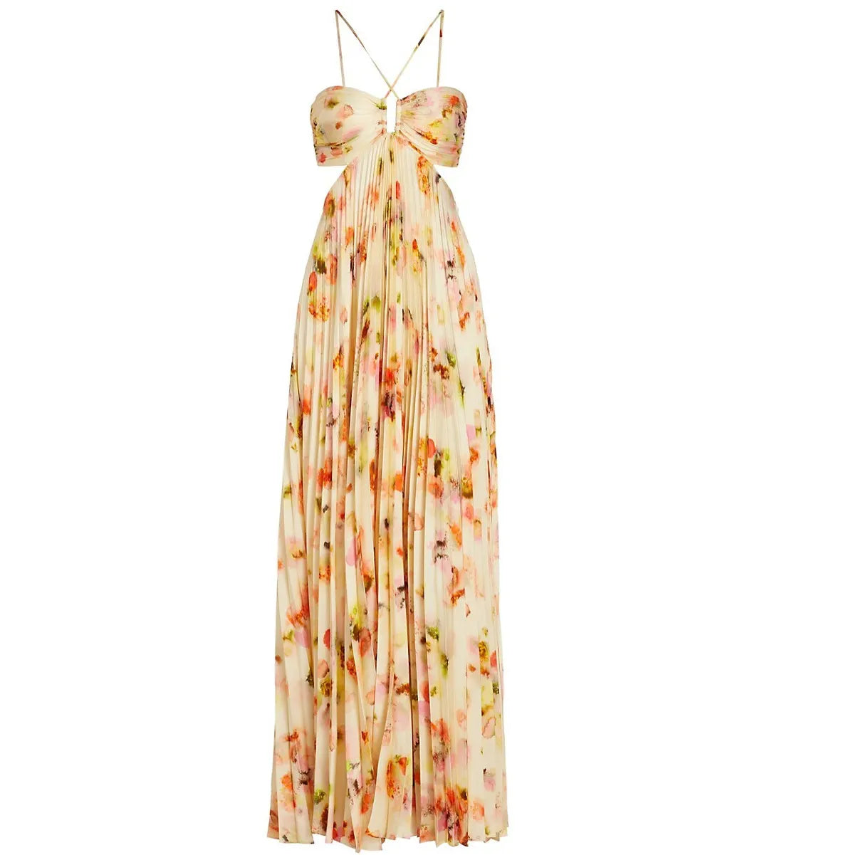 Floral Halter Cutout Pleated Maxi Dress