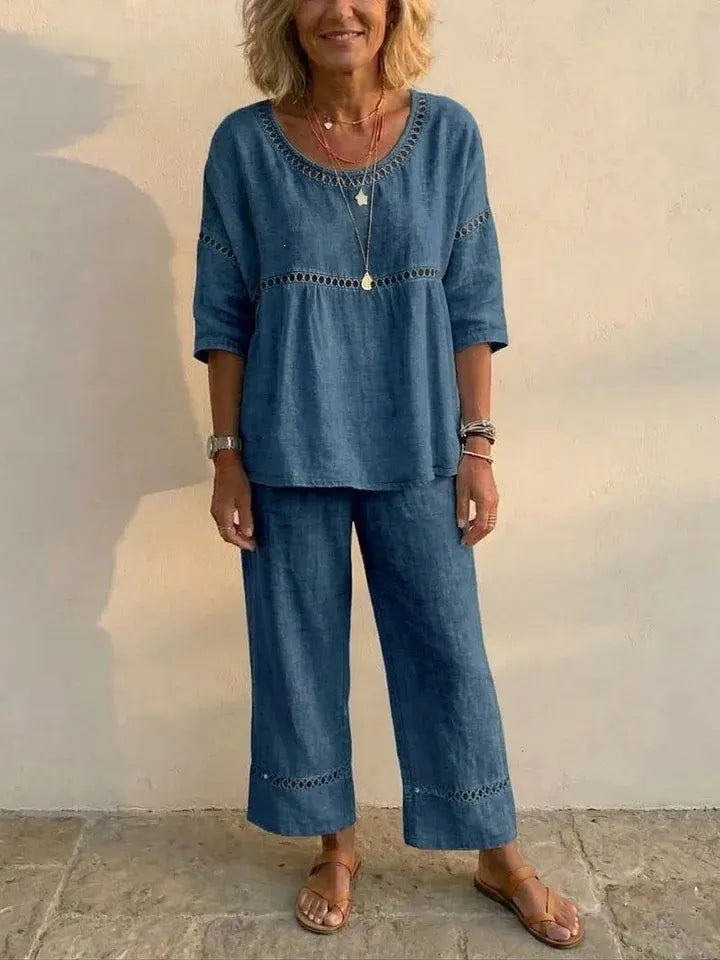 Linen Blend Eyelet 2-Piece Set, Round Neck Blouse and Wide Leg Pants