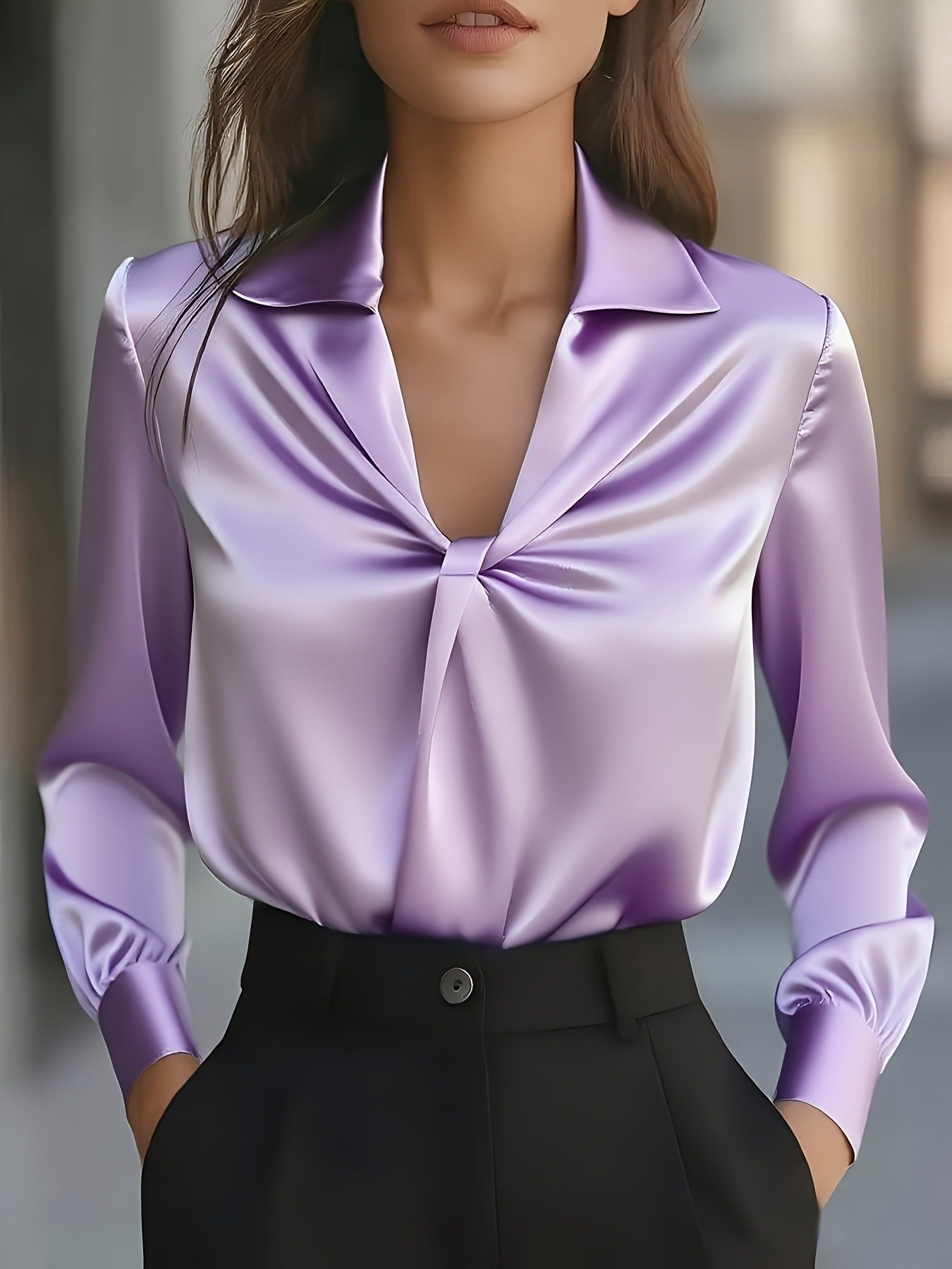 Solid Twisted Front Satin Long-Sleeve Blouse
