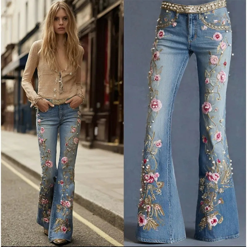 Retro Floral Embossed Flare Jeans