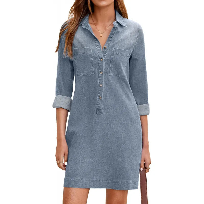Blue Denim Tunic Dress with Chest Pockets, Collared 3/4 Sleeve Casual Dress