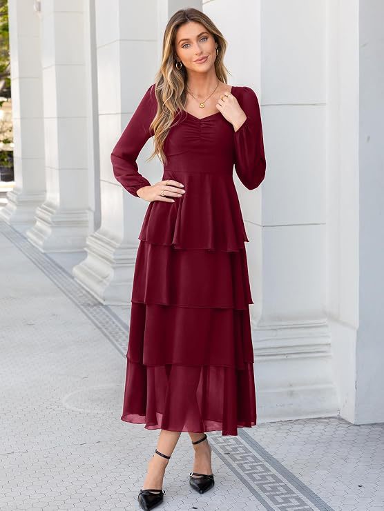 Dusty Blue Chiffon Tiered Maxi Dress | Long Sleeve Sweetheart Neck Formal Dress