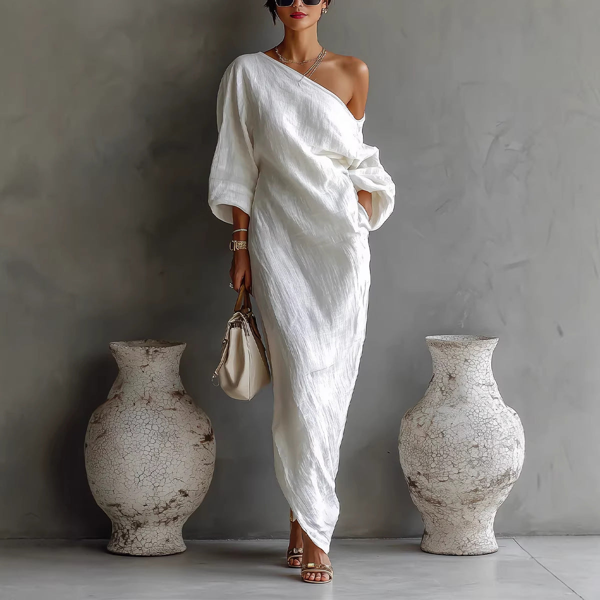 One Shoulder Puff Long Sleeve Ruched Irregular Hem Solid Maxi Dress