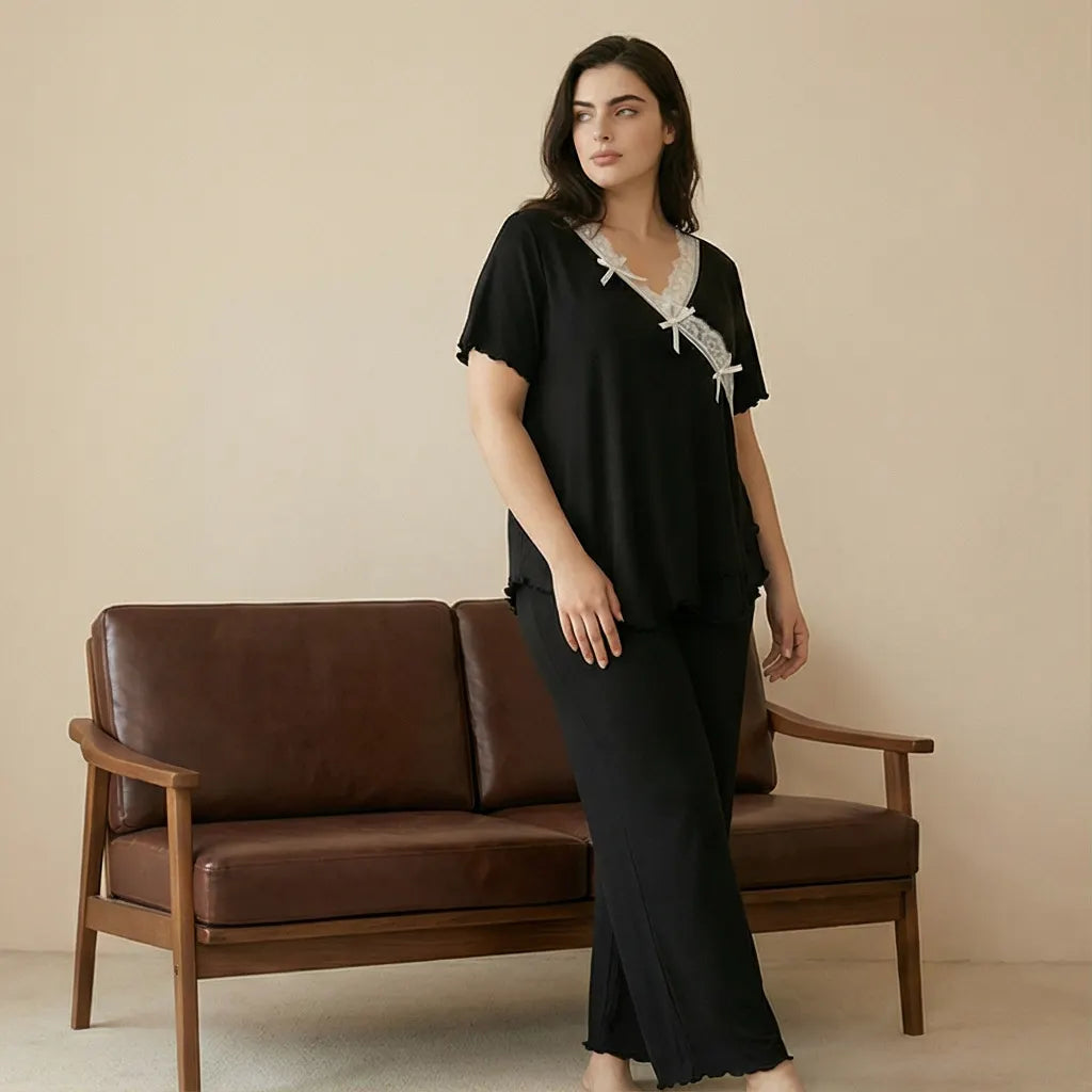 Curvy Ladies 2 Piece Sleepwear, Black Wrap Style Lace Trim Short Sleeve Top & Wide Leg Pants Pj Set