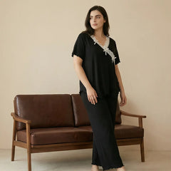 Curvy Ladies 2 Piece Sleepwear, Black Wrap Style Lace Trim Short Sleeve Top & Wide Leg Pants Pj Set