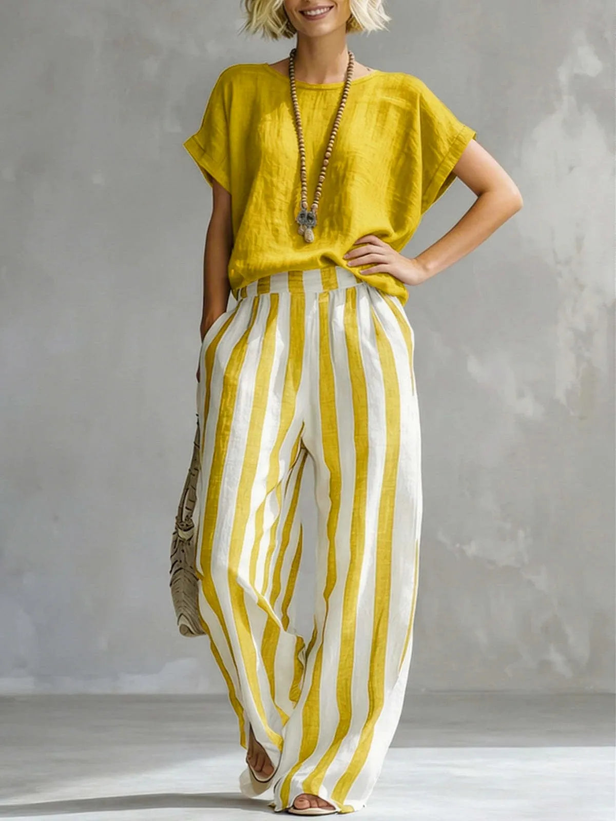 Solid Color Short-Sleeve Top & Striped Wide-Leg Pants Set