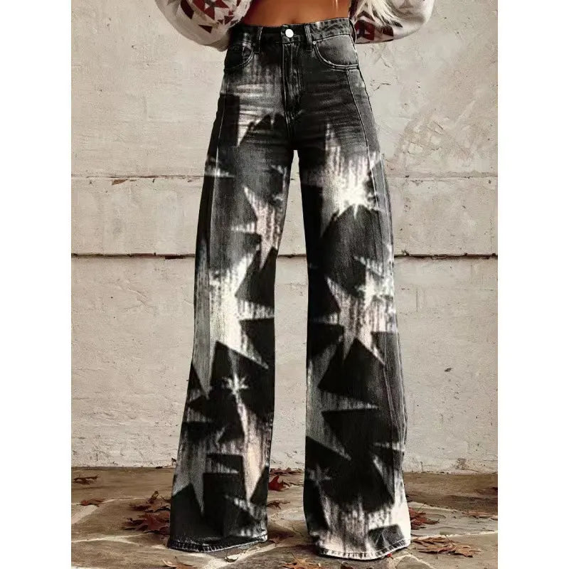 High Waist Western Cowboy Horse Print Wide Leg Pants