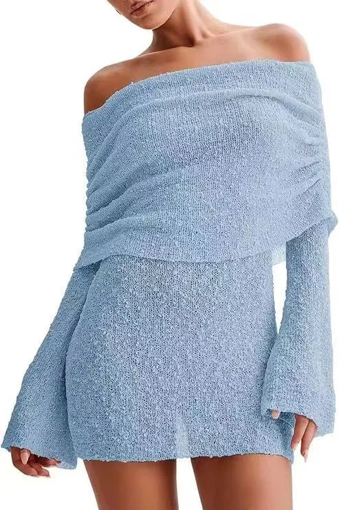 Blue Off-Shoulder Foldover Neck Mini Dress - Bell Sleeve Knit Bodycon Dress
