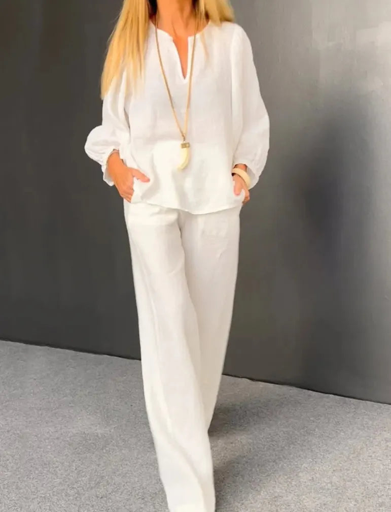 V-Neck Puff Sleeve Top & Wide Leg Pants Solid Two-Piece Casual Set