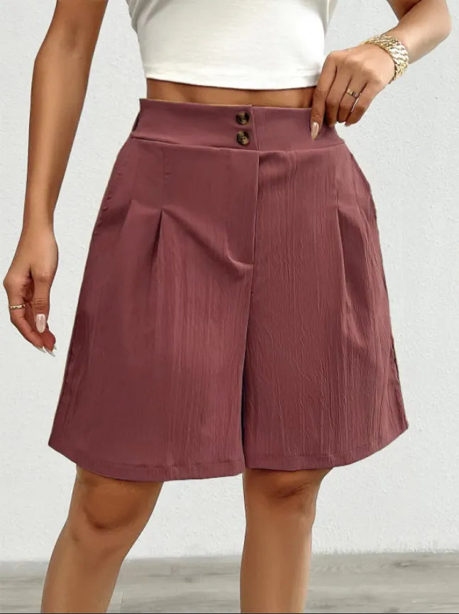 High Waist Double Button Pleated Casual Bermuda Shorts