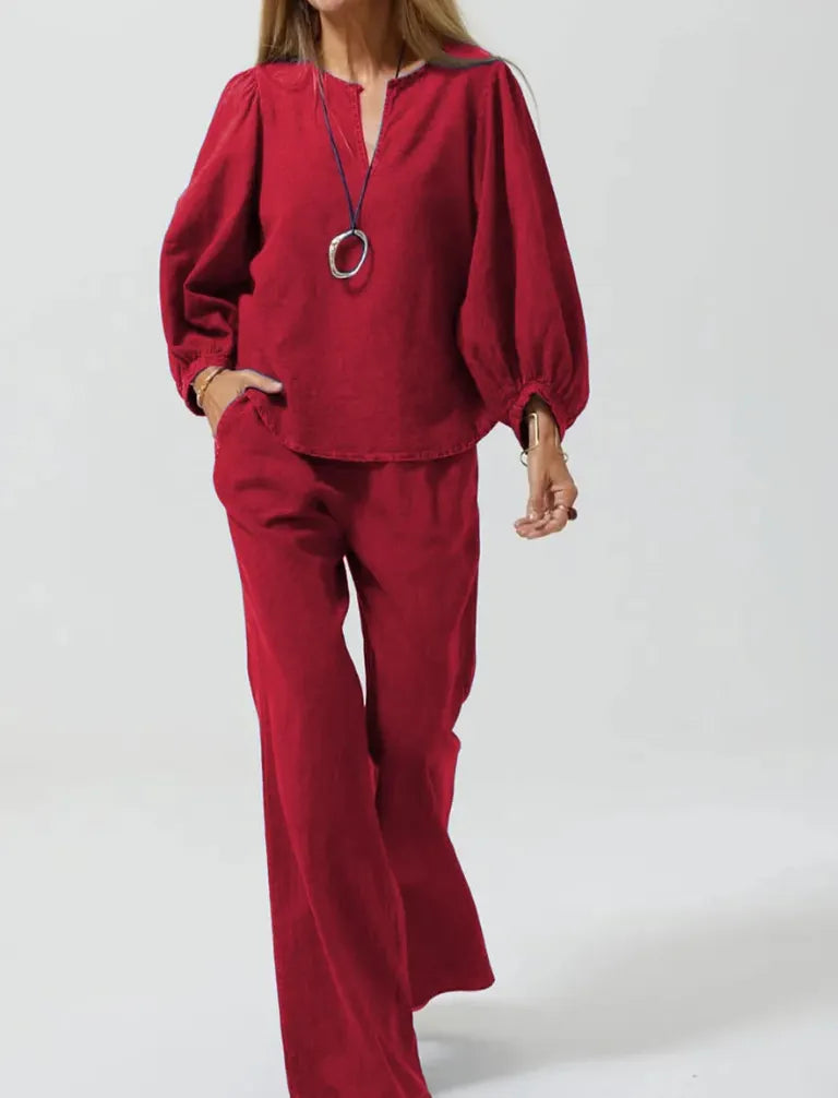 V-Neck Puff Sleeve Top & Wide Leg Pants Solid Two-Piece Casual Set