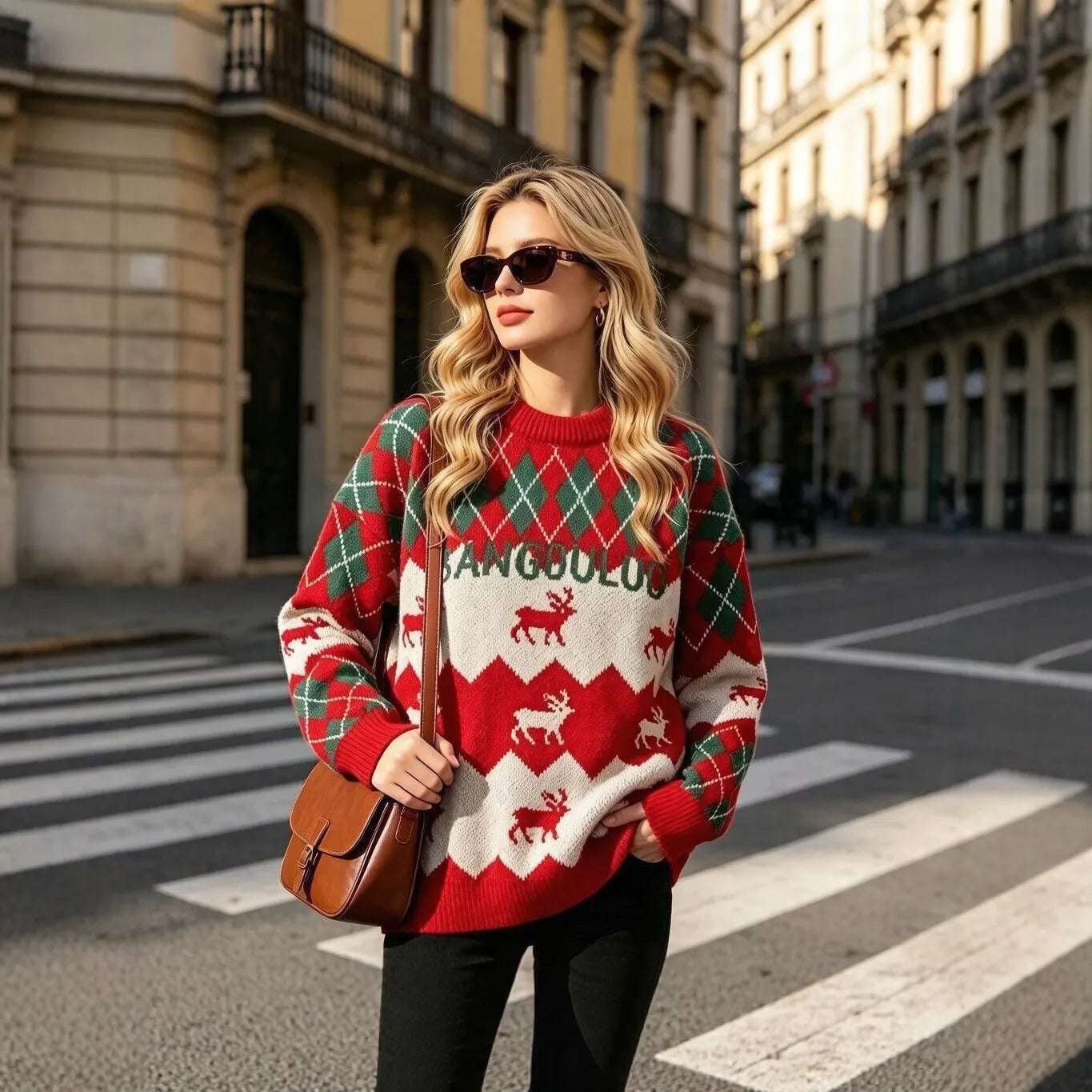Christmas Reindeer Argyle Knit Sweater, Vintage Fair Isle Crew Neck Oversized Pullover Jumper