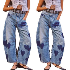 Heart Print Loose Wide Leg Casual Denim Pants