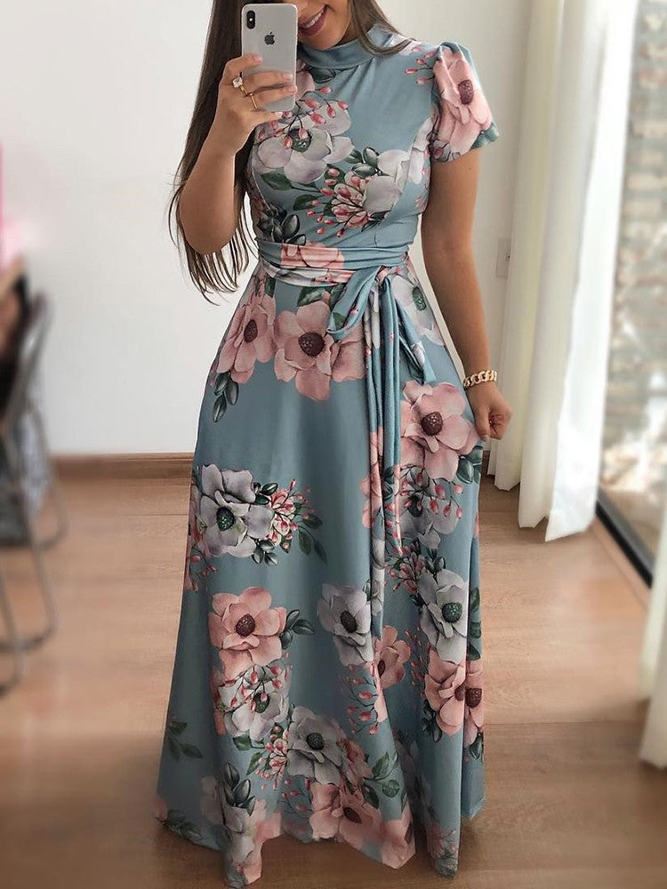 Satin Floral Print High Neck Short Sleeve Maxi Dress