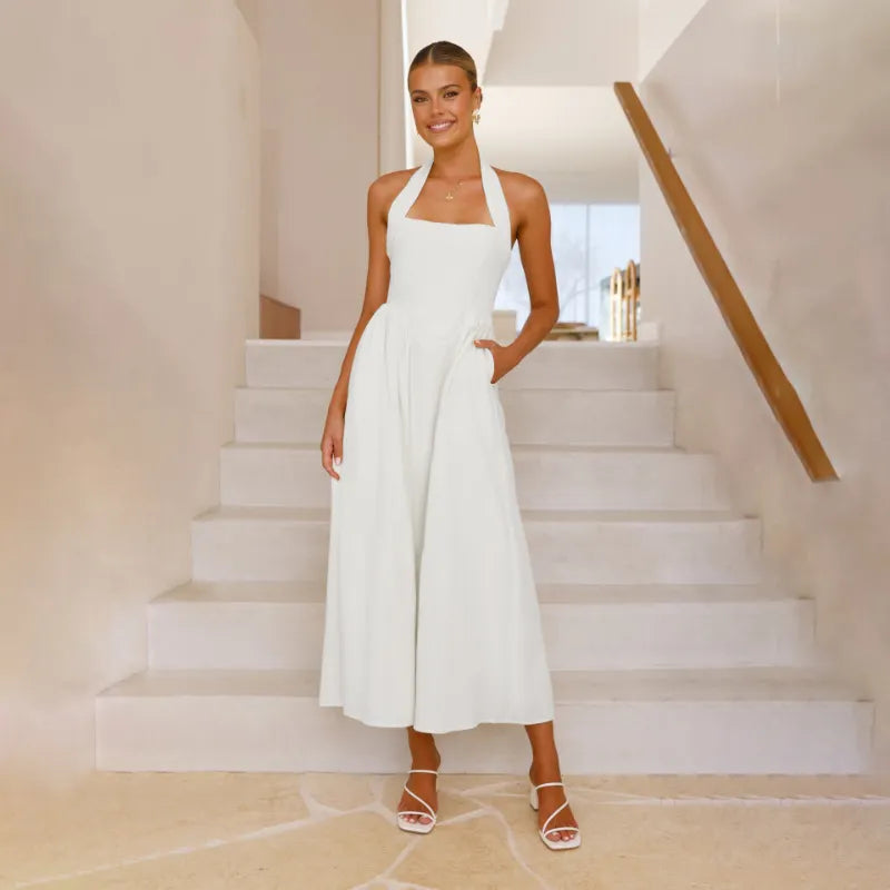 Halter Neck Flared Midi Dress