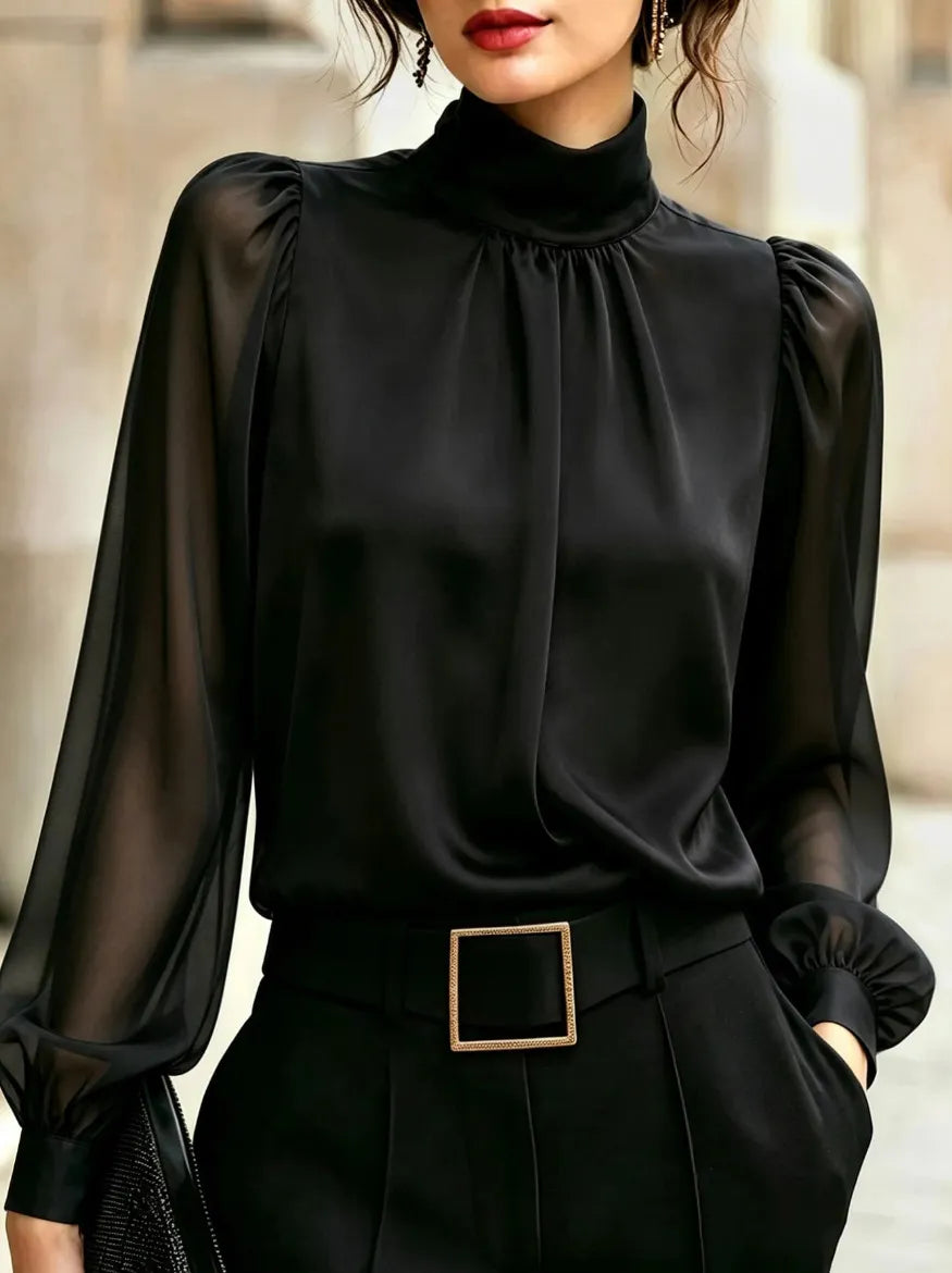 Leopard Print Semi Turtleneck Lantern Long Sleeve Blouse