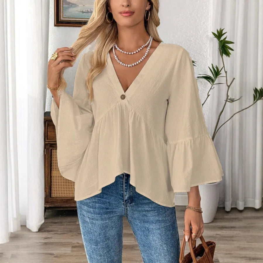 V-Neck Single Button Ruffle Sleeve Blouse