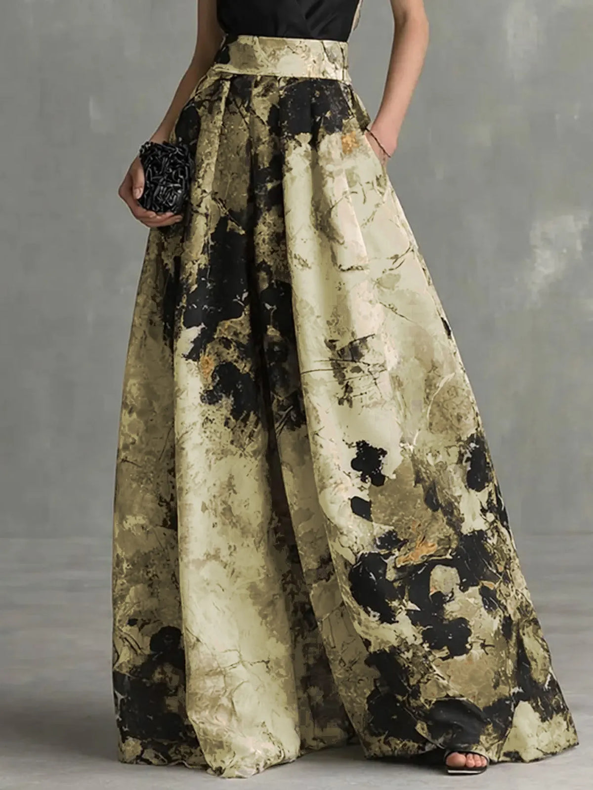 Vintage Ink Painting Print Wide Leg Maxi Skirt, High Waist Formal Party Long Skirt