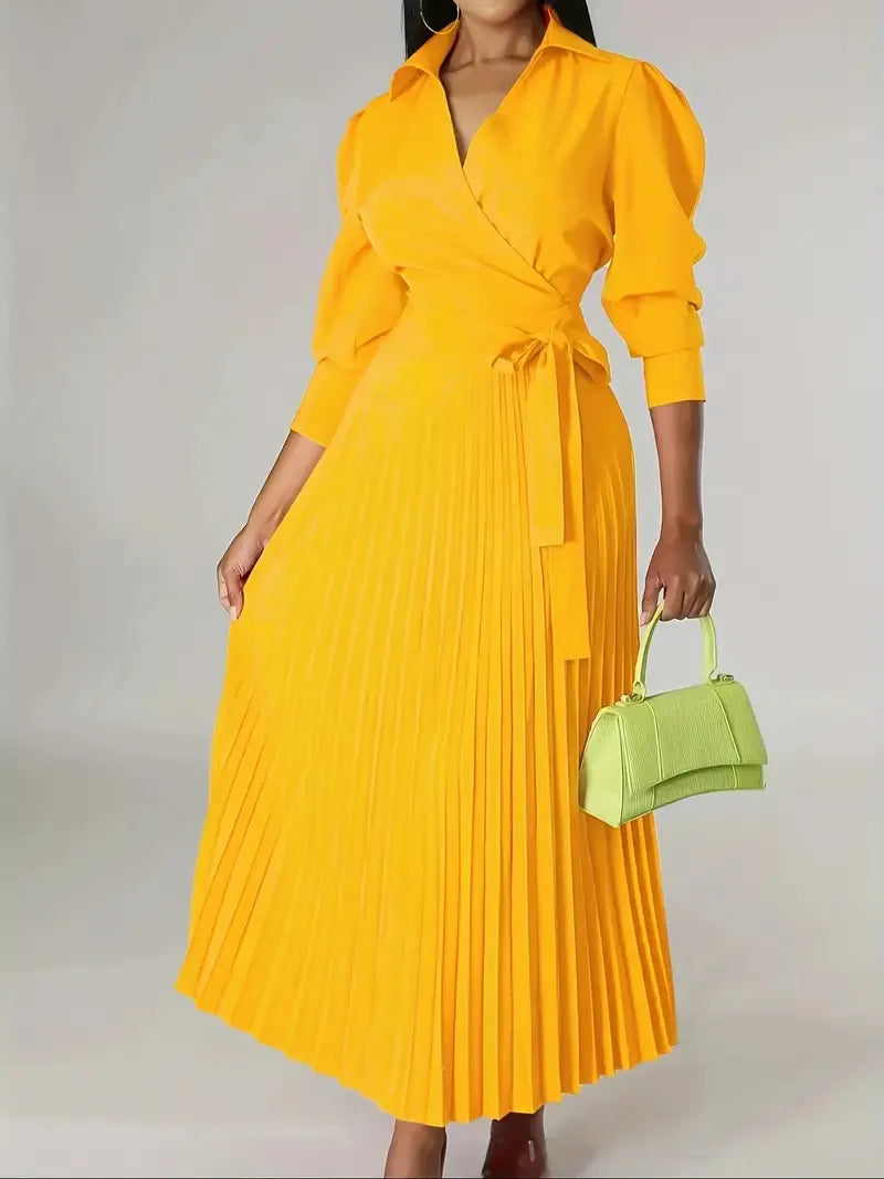 Wrap Front Pleated Midi Dress with Puff Sleeves