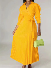 Wrap Front Pleated Midi Dress with Puff Sleeves
