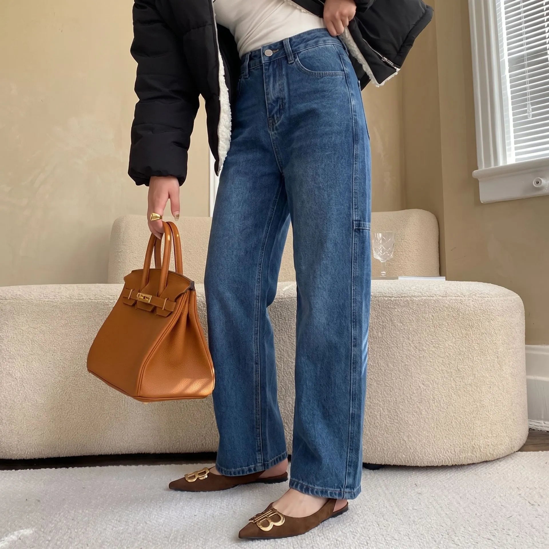 Matching Flowy Linen Look High Waist Loose Straight Washed Denim Casual Long Pants