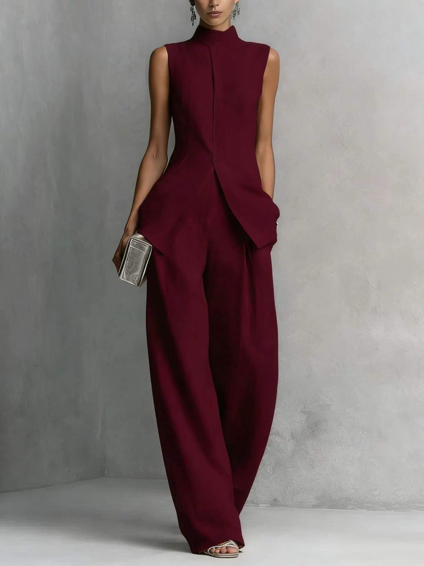Stand Collar Sleeveless Linen Top & Wide Leg Pants 2 Piece Matching Set