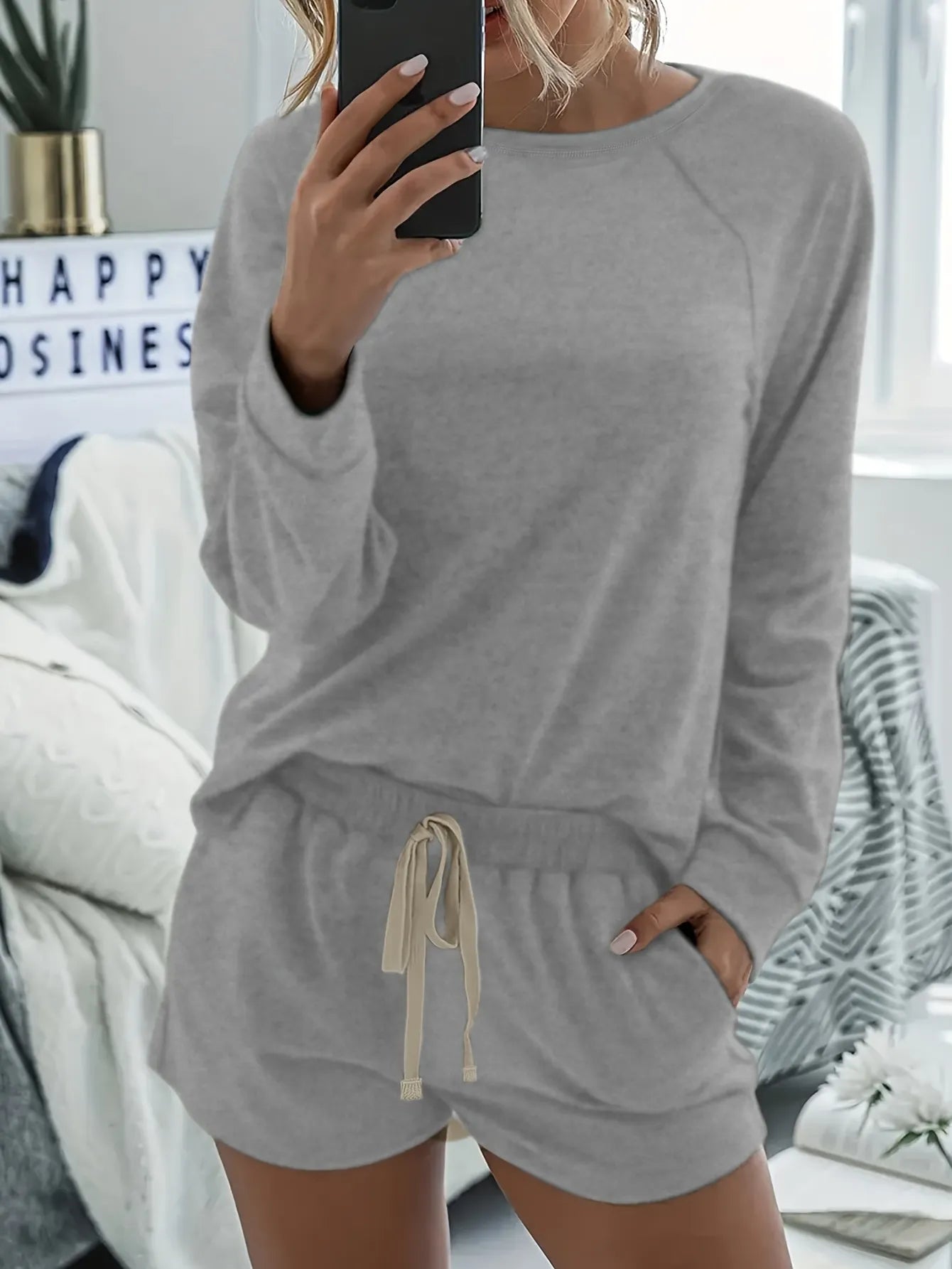 Crew Neck Solid Raglan Long Sleeve Top & Drawstring Shorts Pajama Set