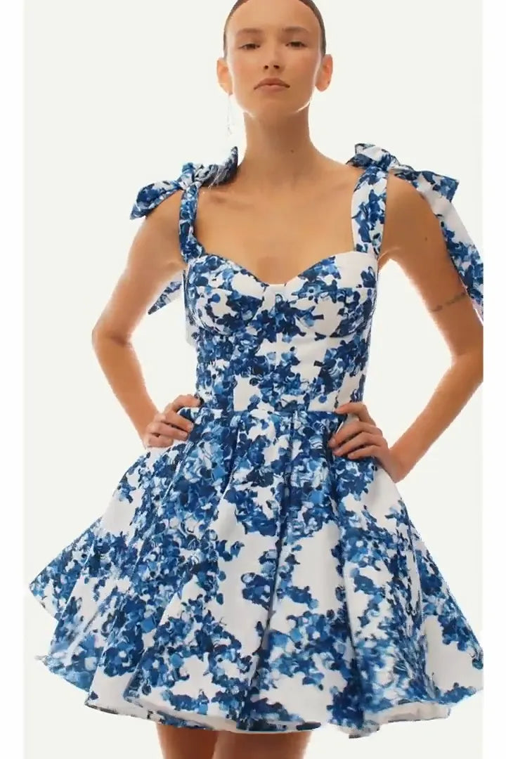 Bow Strap Sweetheart Floral Print Mini Dress