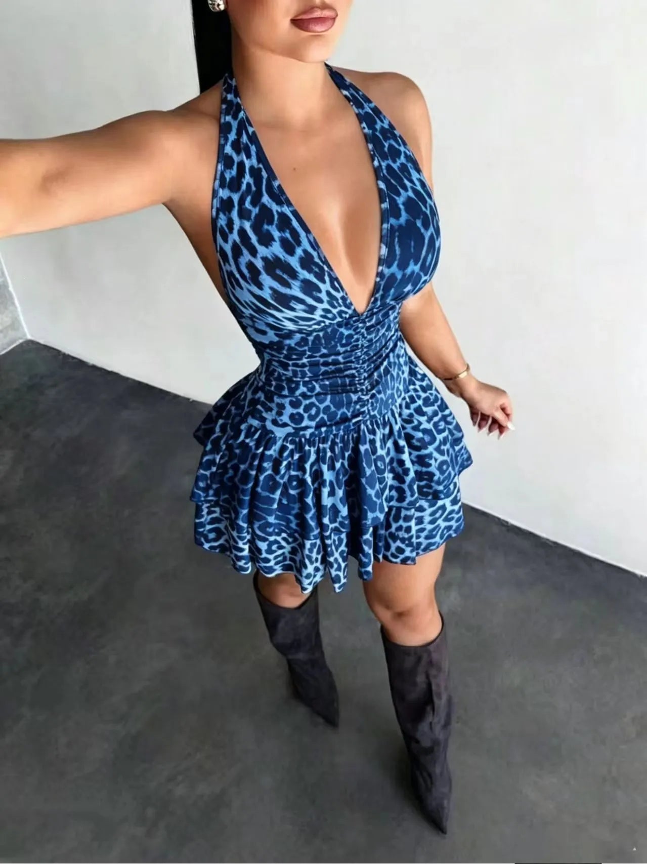 Leopard Print Deep V-Neck Halter Ruched Ruffle Mini Dress