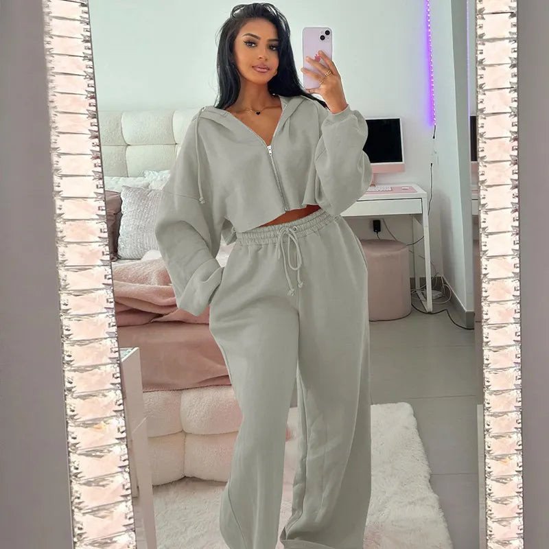 Cropped Hoodie Set, Zip-Up Sweatshirt & Wide Leg Sweatpants