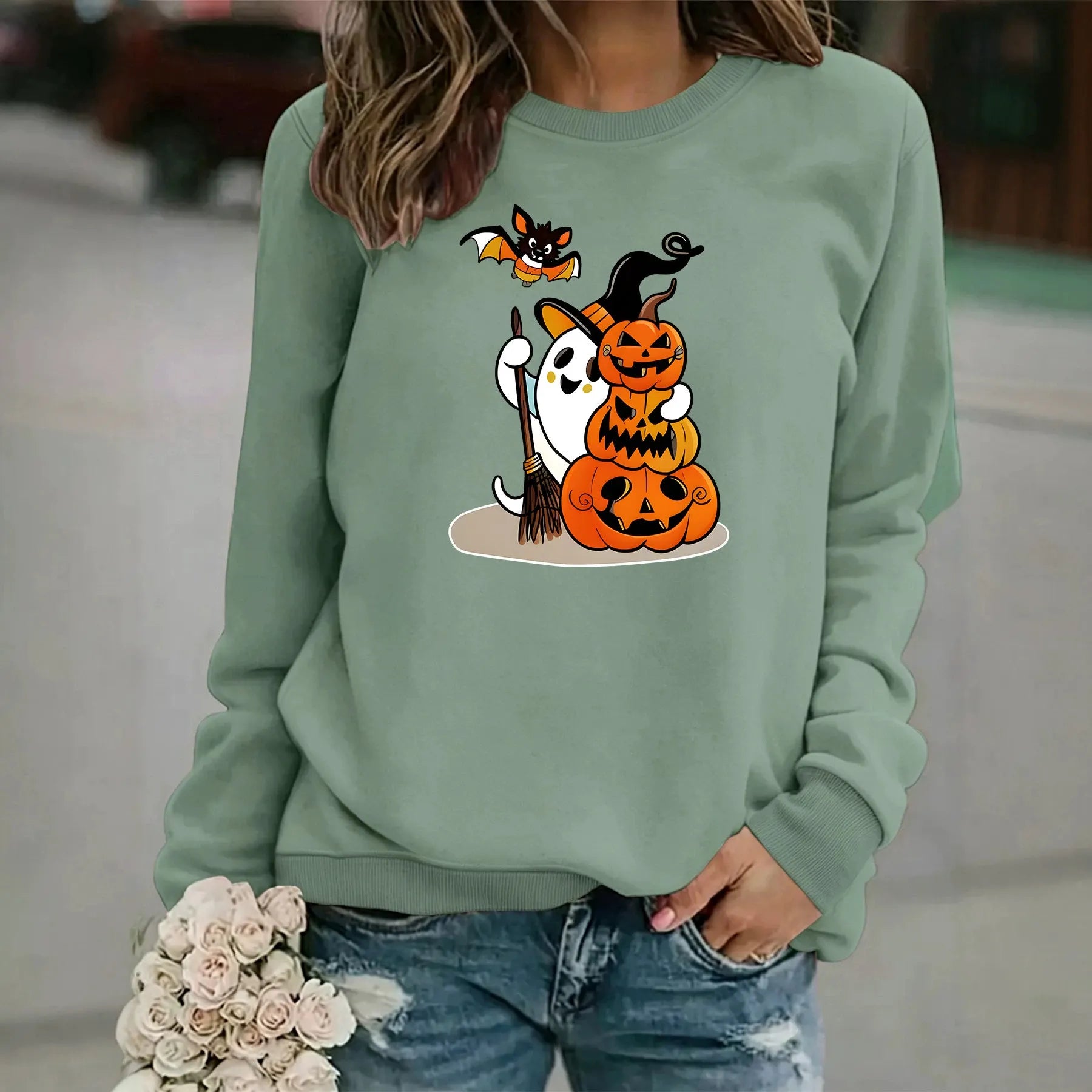 Halloween Ghost Pumpkin Bat Graphic Sweatshirt